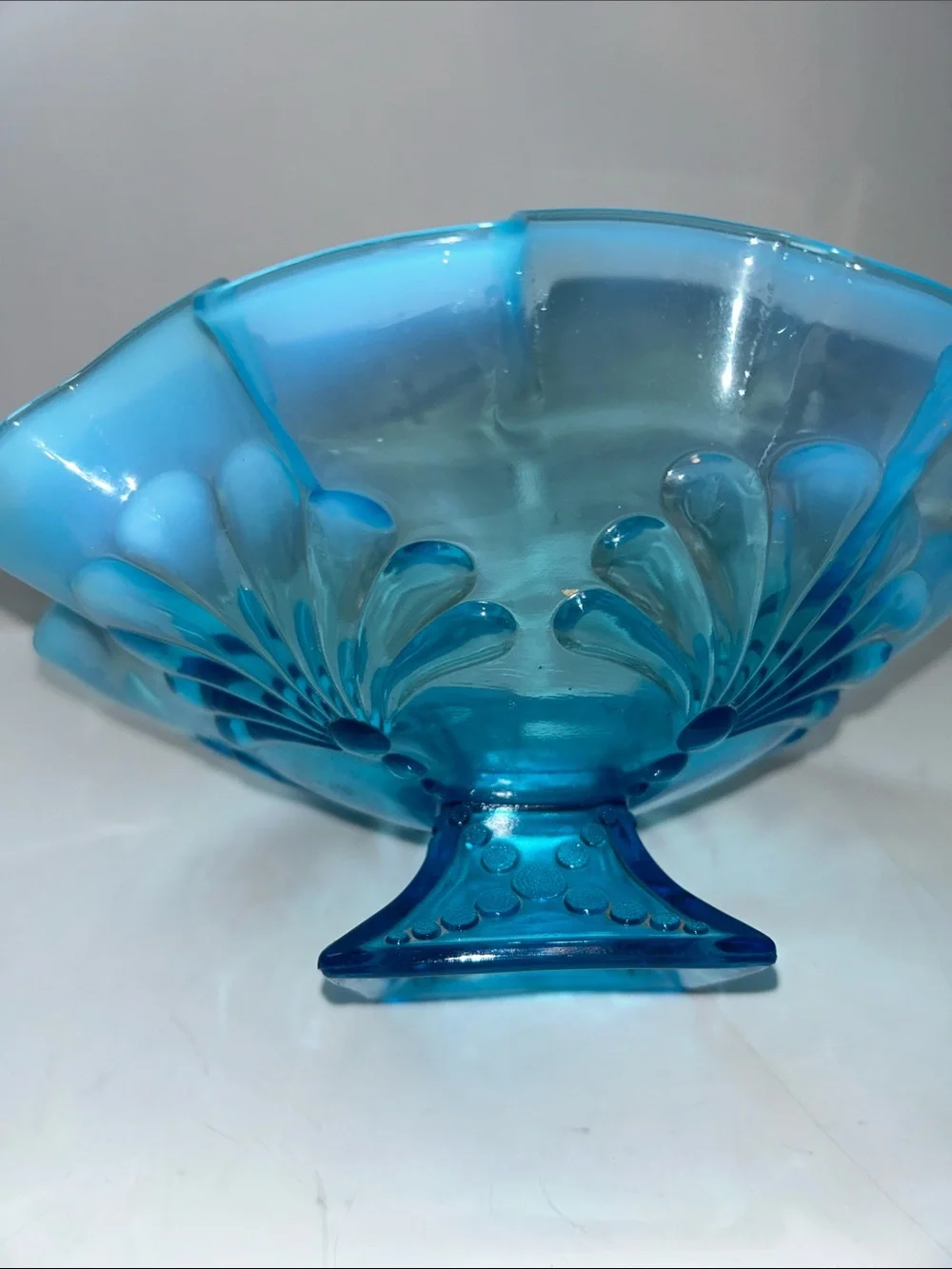 Jefferson Glass opalescent blue glass bowl ruffled edge intricate floral pattern